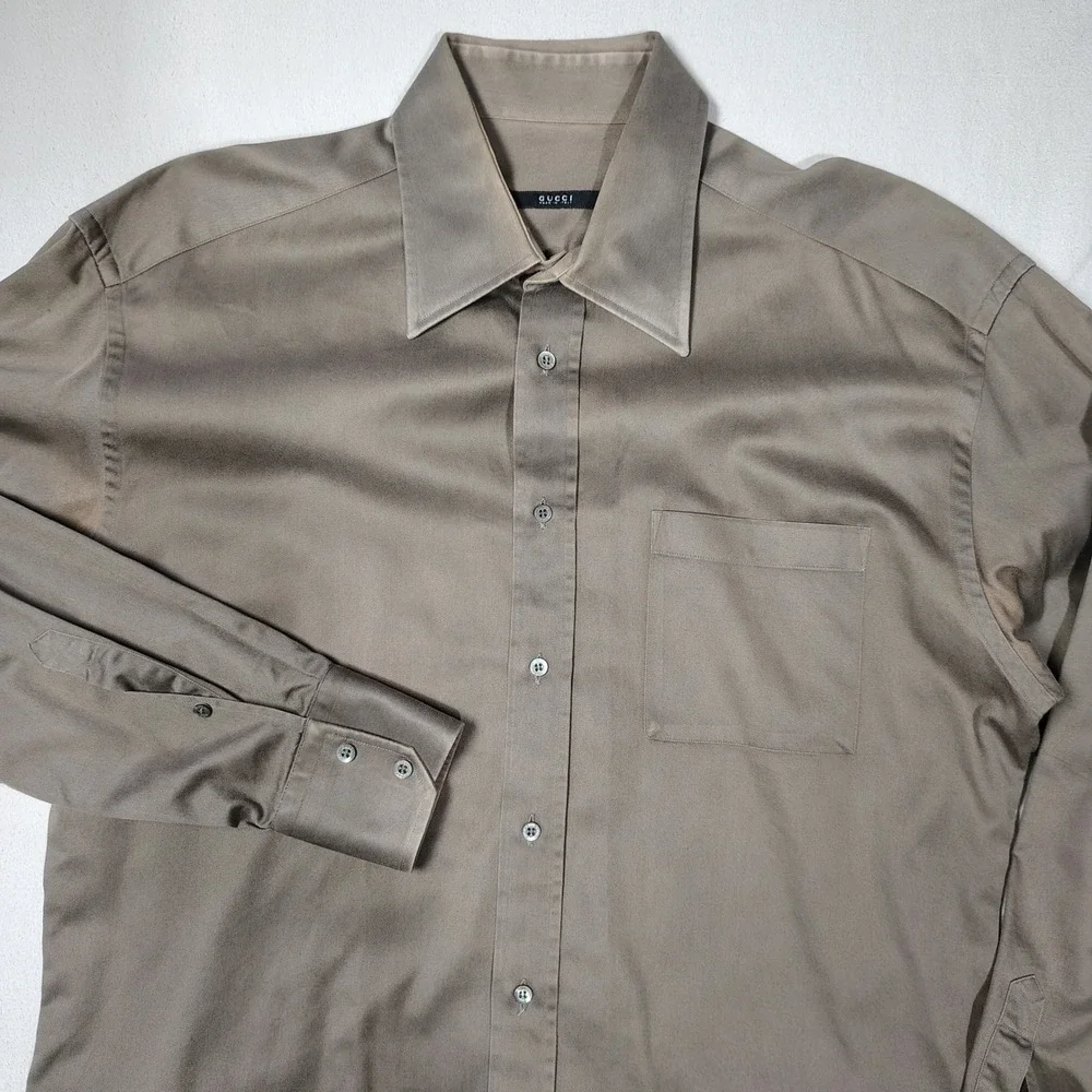 Gucci Mens Button Down Shirt 16.5 42 Brown Cotton Blend Made in Italy Designer